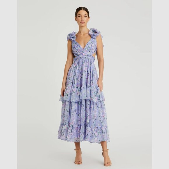 Mac Duggal 56049 Size 6 Light Purple Floral Tiered Ruffle Shoulder Midi Dress - Picture 7 of 9